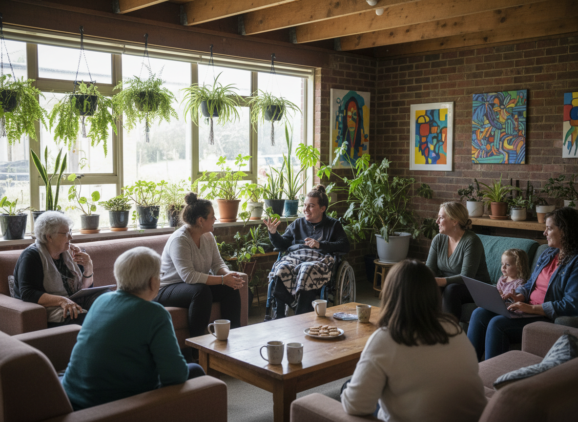 Diverse group of community members, including a person using a wheelchair, chatting warmly in a bright community space